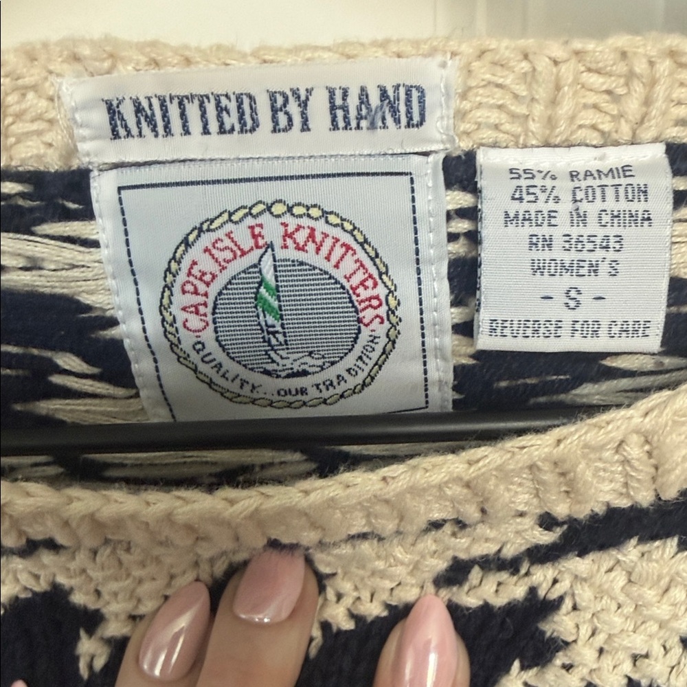 Cape Isle Knittners Handmade Navy and Cream Sweater with Pink Floral Accents - Picture 2 of 3